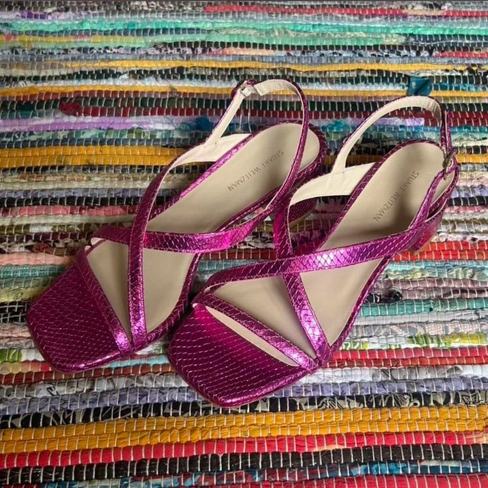 New Stuart Weitzman Metallic Fuchsia Strappy Heels